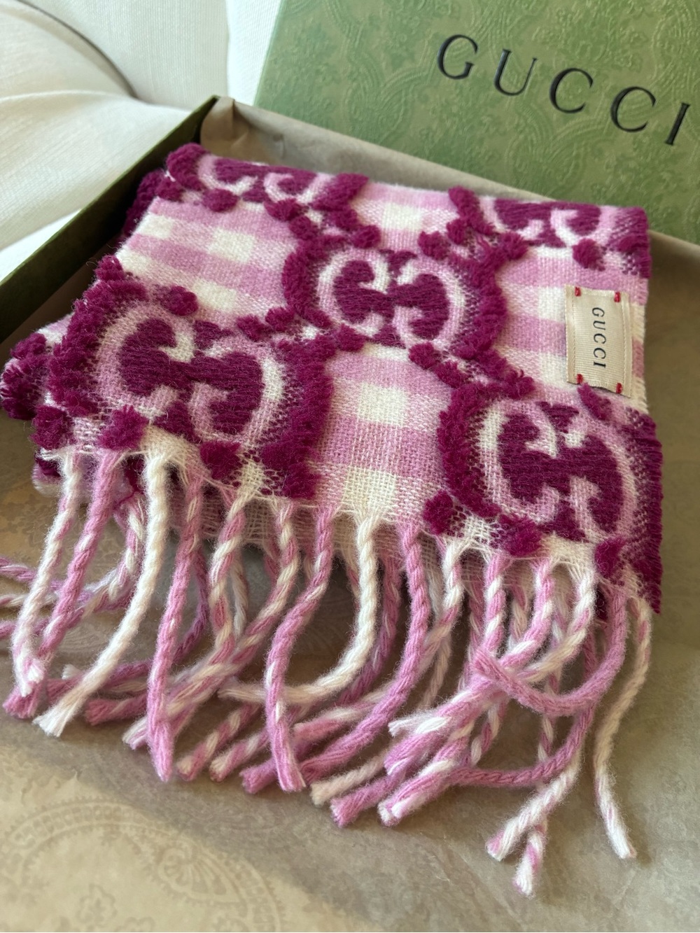 *NWT* Gucci Pink & Plum GG Check Wool Scarf 🧣 16*140cm - Picture 3 of 7